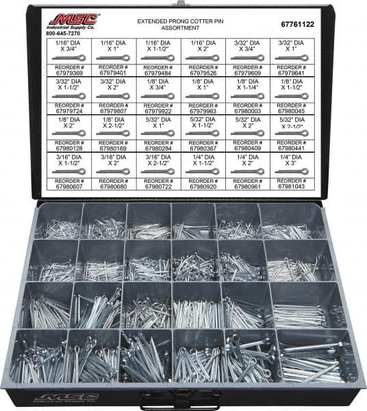 Value Collection - 2,325 Piece, 1/16 to 1/4" Pin Diam, Extended Prong Cotter Pin Assortment - 3/4 to 3" Long, Grade 2 Steel - Caliber Tooling