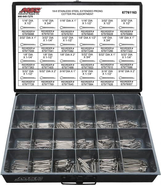 Value Collection - 1,250 Piece, 1/16 to 3/16" Pin Diam, Extended Prong Cotter Pin Assortment - 1/2 to 2" Long, 18-8 Stainless Steel - Caliber Tooling