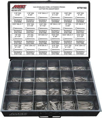 Value Collection - 1,250 Piece, 1/16 to 3/16" Pin Diam, Extended Prong Cotter Pin Assortment - 1/2 to 2" Long, 18-8 Stainless Steel - Caliber Tooling