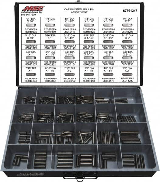 Value Collection - 320 Piece, 1/4 to 1/2" Pin Diam, Spring Pin Assortment - 1-3/4 to 2" Long, Grade 2 Steel - Caliber Tooling