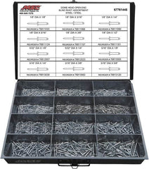 Value Collection - 1,100 Piece, 1/8 to 3/16" Hole Diam, Dome Head, Steel Blind Rivet Assortment - 1/8 to 5/8" Length, Steel Mandrel - Caliber Tooling