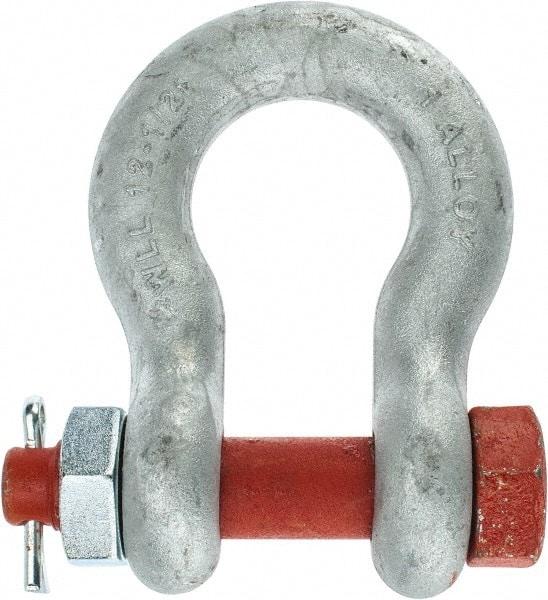 Campbell - 1" Nominal Chain Size, 12.5 Ton Alloy Steel Bolt Anchor Shackle - 1" Diam, 1-1/8" Pin Diam, 3-3/4" High x 1-11/16" Wide Inside Jaw, 2-1/2" Inside Width, 2-3/8" Max Body Thickness - Caliber Tooling