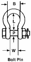 Campbell - 1-3/4" Nominal Chain Size, 25. Ton Carbon Steel Bolt Anchor Shackle - 1-3/4" Diam, 1-3/4" Pin Diam, 7" High x 2-7/8" Wide Inside Jaw, 4-3/4" Inside Width, 4" Max Body Thickness - Caliber Tooling