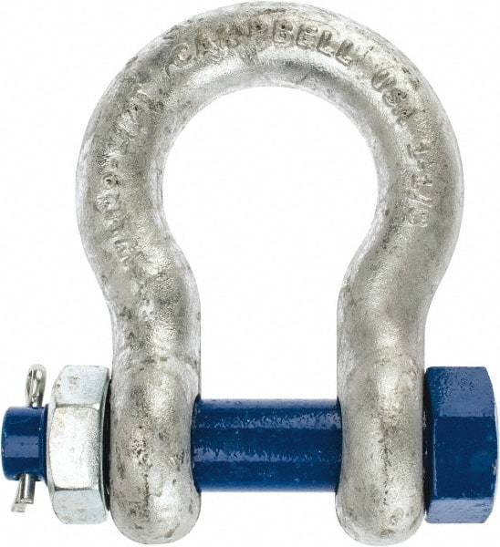 Campbell - 1-1/8" Nominal Chain Size, 9.5 Ton Carbon Steel Bolt Anchor Shackle - 1-1/8" Diam, 1-1/8" Pin Diam, 4-1/4" High x 1-13/16" Wide Inside Jaw, 2-15/16" Inside Width, 2-5/8" Max Body Thickness - Caliber Tooling