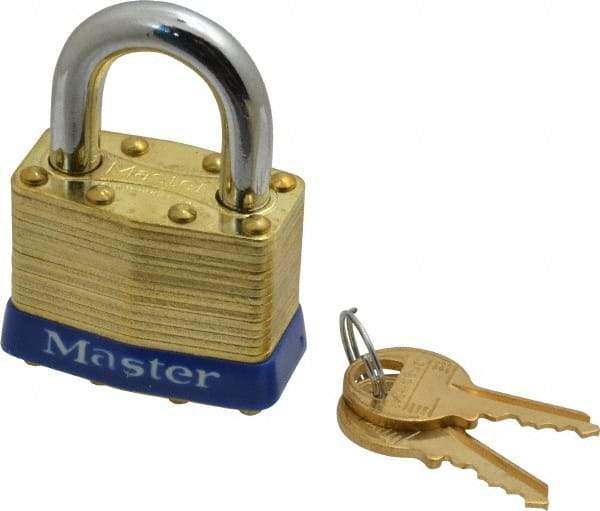 Master Lock - 15/16" Shackle Clearance, Keyed Alike Laminated Brass Padlock - 5/16" Shackle Diam, Brass - Caliber Tooling