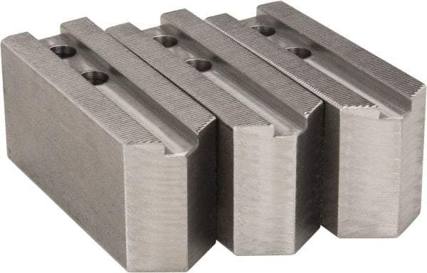 H & R Manufacturing - 1.5mm x 60° Serrated Attachment, Square Soft Lathe Chuck Jaw - 3 Jaws, Steel, 1.181" Btw Mount Hole Ctrs, 5" Long x 1-3/4" Wide x 2-1/2" High, 0.63" Groove, 12mm Fastener - Caliber Tooling