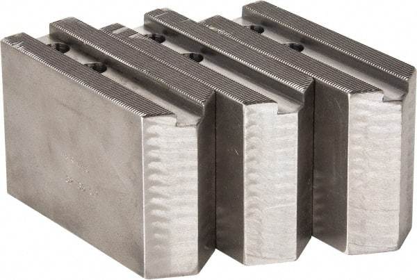 H & R Manufacturing - 1.5mm x 60° Serrated Attachment, Square Soft Lathe Chuck Jaw - 3 Jaws, Steel, 1.181" Btw Mount Hole Ctrs, 5" Long x 1-3/4" Wide x 3-1/2" High, 0.63" Groove, 12mm Fastener - Caliber Tooling