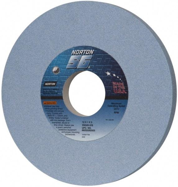 Norton - 12" Diam x 3" Hole x 1" Thick, I Hardness, 60 Grit Surface Grinding Wheel - Ceramic, Type 1, Medium Grade, 2,070 Max RPM, Vitrified Bond, No Recess - Caliber Tooling