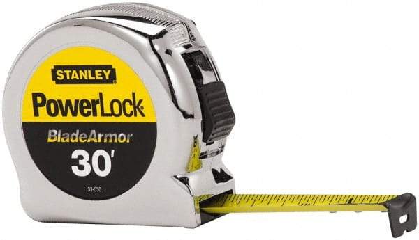 Stanley - 30' x 1" Yellow Blade Tape Measure - 1/16" Graduation, Inch Graduation Style, Silver Case - Caliber Tooling