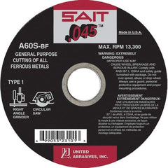 Sait - 7" 60 Grit Aluminum Oxide Cutoff Wheel - 0.045" Thick, 5/8" Arbor, 8,500 Max RPM, Use with Angle Grinders - Caliber Tooling