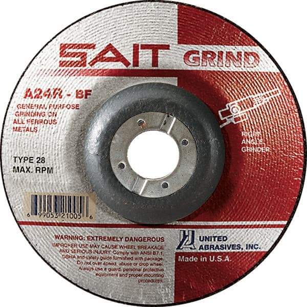 Sait - 24 Grit, 7" Wheel Diam, 1/4" Wheel Thickness, 7/8" Arbor Hole, Type 28 Depressed Center Wheel - Aluminum Oxide, Resinoid Bond, R Hardness, 8,500 Max RPM, Compatible with Angle Grinder - Caliber Tooling