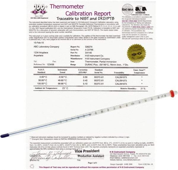 H-B Instruments - -20 to 110°C, Organic Filled Precision Thermometer - 12 Inch Immersion Length - Caliber Tooling