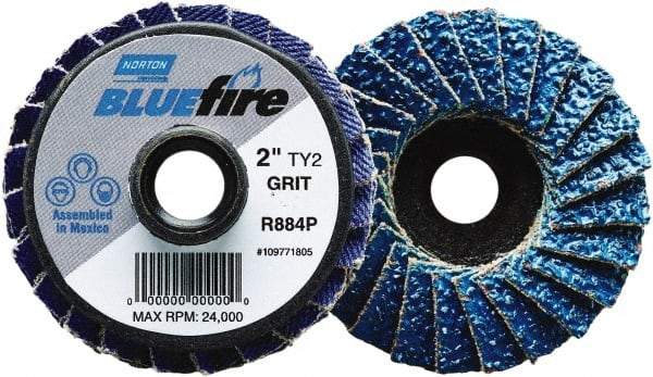 Norton - 36 Grit, 2" Disc Diam, Type 27 Zirconia Alumina Flap Disc - 30,000 Max RPM, Fiberglass Backing, Quick Change Type S Attaching System, Coated - Caliber Tooling