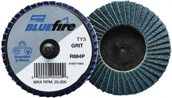 Norton - 36 Grit, 3" Disc Diam, Type 27 Zirconia Alumina Flap Disc - 30,000 Max RPM, Fiberglass Backing, Quick Change Type R Attaching System, Coated - Caliber Tooling