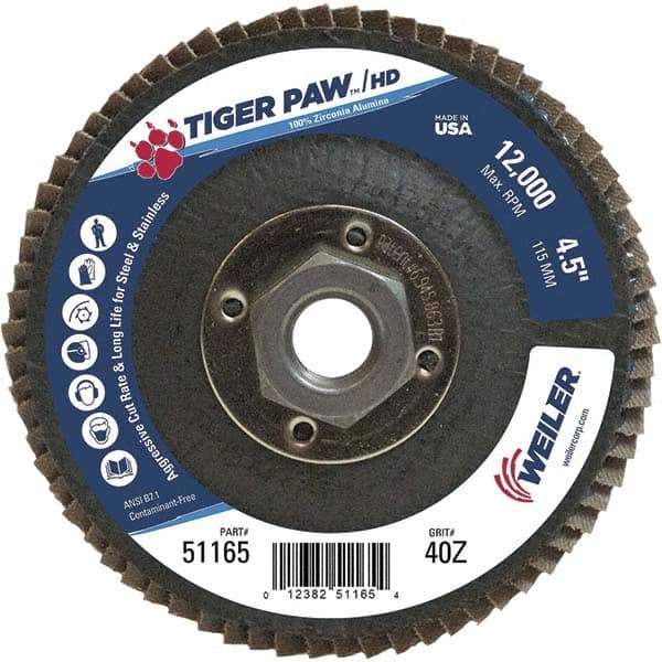 Weiler - 40 Grit, 4-1/2" Disc Diam, 5/8-11 Center Hole, Type 27 Zirconia Alumina Flap Disc - 12,000 Max RPM, Phenolic Backing, Arbor Attaching System, Coated - Caliber Tooling