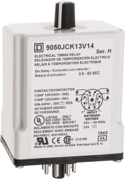 Square D - 8 Pin, 999 hr Delay, DPDT Time Delay Relay - 10 Contact Amp, 24 VAC/VDC - Caliber Tooling