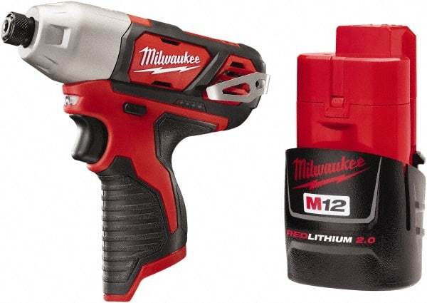 Milwaukee Tool - 12 Volt, 1/4" Drive, 1,000 In/Lb Torque, Cordless Impact Driver - Pistol Grip Handle, 2500 RPM, 1 Lithium-Ion Battery Included - Caliber Tooling