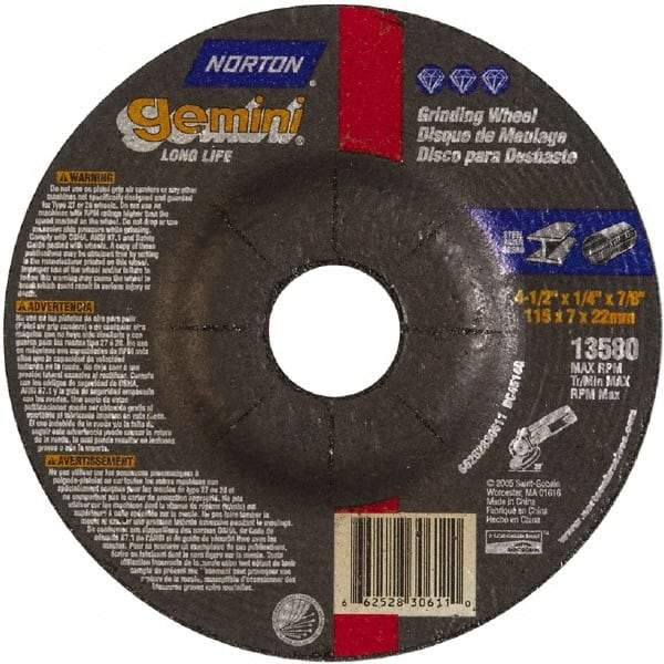 Norton - 4-1/2" Wheel Diam, 1/4" Wheel Thickness, 7/8" Arbor Hole, Type 27 Depressed Center Wheel - Aluminum Oxide - Caliber Tooling