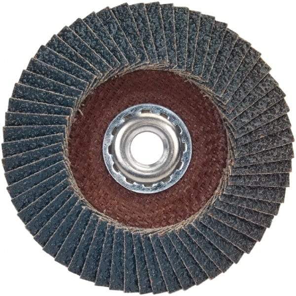 Norton - 80 Grit, 4-1/2" Disc Diam, 5/8-11 Center Hole, Type 29 Zirconia Alumina Flap Disc - 13,300 Max RPM, Plastic Backing, Arbor Attaching System, Coated - Caliber Tooling