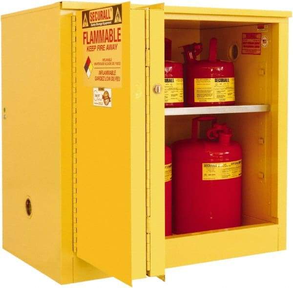 Securall Cabinets - 2 Door, 1 Shelf, Yellow Steel Standard Safety Cabinet for Flammable and Combustible Liquids - 35" High x 36" Wide x 24" Deep, Sliding Door, 3 Point Key Lock, 30 Gal Capacity - Caliber Tooling