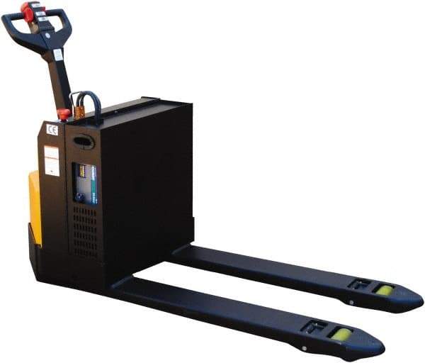 Vestil - 4,500 Lb Capacity, 8-13/64" Lift Electric Pallet Truck - 3.2" Min Lift Height, 48" Fork Length x 27" Fork Width, 30-1/4" Overall Width - Caliber Tooling