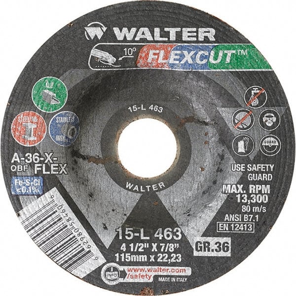 WALTER Surface Technologies - 4-1/2" Diam x 7/8" Hole, 36 Grit Surface Grinding Wheel - Caliber Tooling