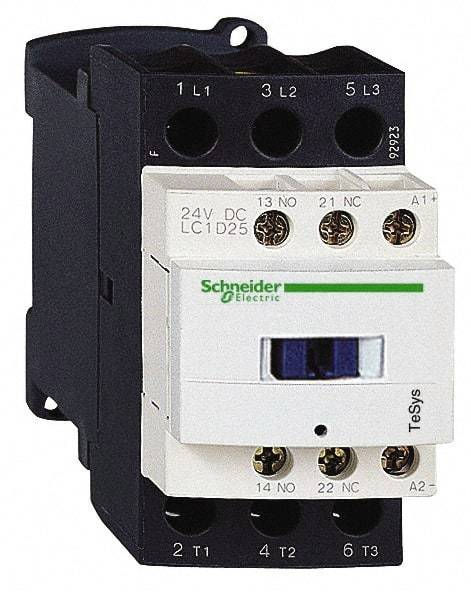 Schneider Electric - 3 Pole, 24 Coil VDC, 25 Amp at 440 VAC and 40 Amp at 440 VAC, Nonreversible IEC Contactor - 1 Phase hp: 2 at 115 VAC, 3 at 230/240 VAC, 3 Phase hp: 15 at 460/480 VAC, 20 at 575/600 VAC, 5 at 200/208 VAC, 7.5 at 230/240 VAC - Caliber Tooling