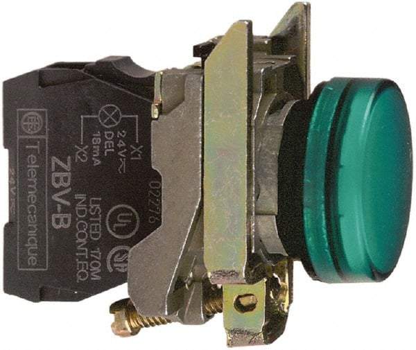 Schneider Electric - 230-240 VAC at 50/60 Hz Green Lens LED Pilot Light - Round Lens, Screw Clamp Connector, 30mm Wide, Vibration Resistant, Water Resistant - Caliber Tooling