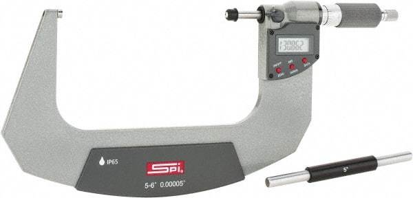 SPI - 5 to 6" Range, 0.00005" Resolution, Double Ratchet IP65 Electronic Outside Micrometer - 0.0002" Accuracy, Ratchet-Friction Thimble, Carbide Face, CR2032 Battery, Includes NIST Traceable Certification of Inspection - Caliber Tooling