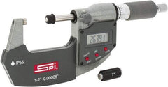 SPI - 1 to 2" Range, 0.00005" Resolution, Double Ratchet IP65 Electronic Outside Micrometer - 0.0002" Accuracy, Ratchet-Friction Thimble, Carbide Face, CR2032 Battery, Includes NIST Traceable Certification of Inspection - Caliber Tooling