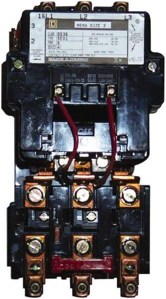 Square D - 440 Coil VAC at 50 Hz, 480 Coil VAC at 60 Hz, 90 Amp, NEMA Size 3, Nonreversible Open Enclosure NEMA Motor Starter - 3 Phase hp: 25 at 200 VAC, 30 at 230 VAC, 50 at 460 VAC, 50 at 575 VAC - Caliber Tooling