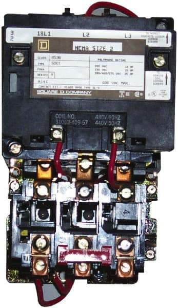 Square D - 220 Coil VAC at 50 Hz, 240 Coil VAC at 60 Hz, 45 Amp, NEMA Size 2, Nonreversible Open Enclosure NEMA Motor Starter - 3 Phase hp: 10 at 200 VAC, 15 at 230 VAC, 25 at 460 VAC, 25 at 575 VAC - Caliber Tooling