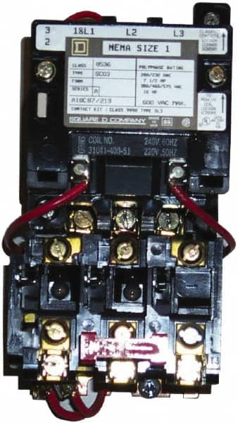 Square D - 110 Coil VAC at 50 Hz, 120 Coil VAC at 60 Hz, 27 Amp, NEMA Size 1, Nonreversible Open Enclosure NEMA Motor Starter - 1 Phase hp: 2 at 115 VAC, 3 at 230 VAC - Caliber Tooling