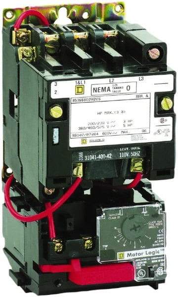 Square D - 110 Coil VAC at 50 Hz, 120 Coil VAC at 60 Hz, 9 Amp, Nonreversible Open Enclosure NEMA Motor Starter - 3 Phase hp: 1-1/2 at 200 VAC, 1-1/2 at 230 VAC, 2 at 460 VAC, 2 at 575 VAC - Caliber Tooling