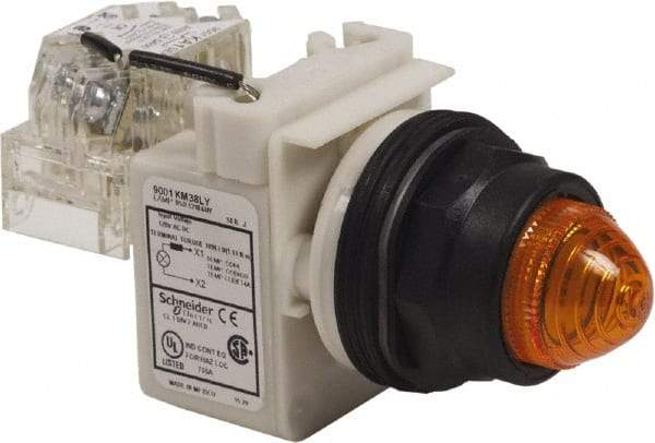 Schneider Electric - 120 V Amber Lens LED Pilot Light - Round Lens, Screw Clamp Connector, 54mm OAL x 42mm Wide, Vibration Resistant - Caliber Tooling