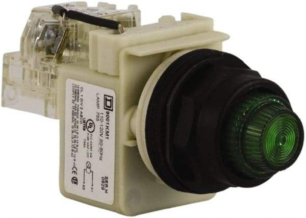 Schneider Electric - 110 VAC at 50/60 Hz via Transformer, 120 VAC at 50/60 Hz via Transformer Green Lens Press-to-Test Indicating Light - Round Lens, Screw Clamp Connector, Corrosion Resistant, Dust Resistant, Oil Resistant - Caliber Tooling