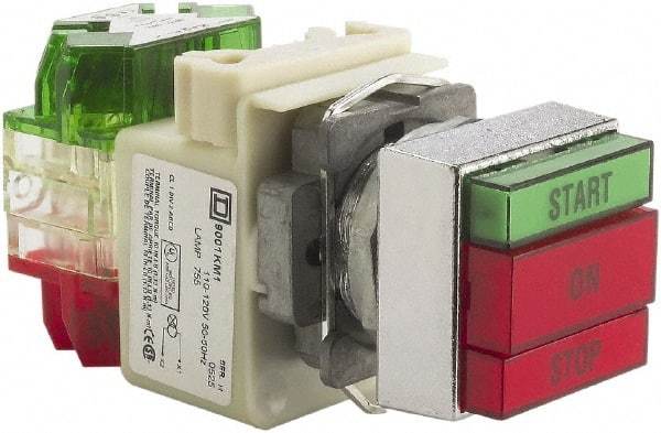 Schneider Electric - 30mm Mount Hole, Pushbutton Switch with Pilot Light - Rectangle, Green and Red Pushbutton, Illuminated, Momentary (MO), Start-On-Stop - Caliber Tooling