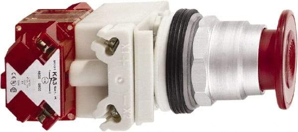 Schneider Electric - 30mm Mount Hole, Extended Straight, Pushbutton Switch with Contact Block - Red Pushbutton, Maintained (MA), Momentary (MO) - Caliber Tooling