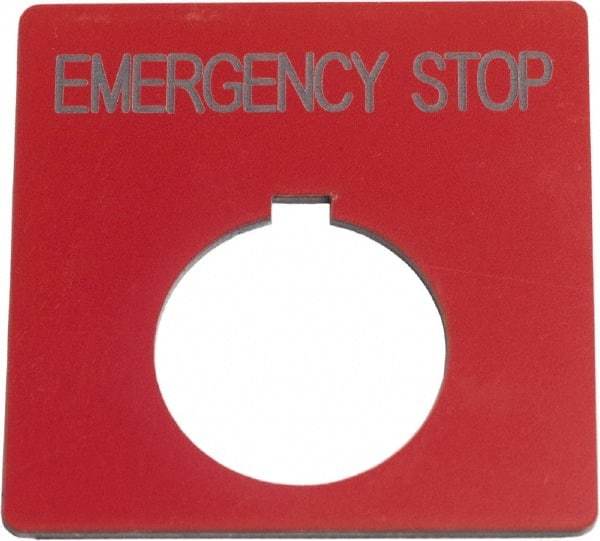 Schneider Electric - Square, Plastic Legend Plate - Emergency Stop - Red Background, Black Letters, 1.2 Inch Hole Diameter, 2-1/2 Inch Square - Caliber Tooling