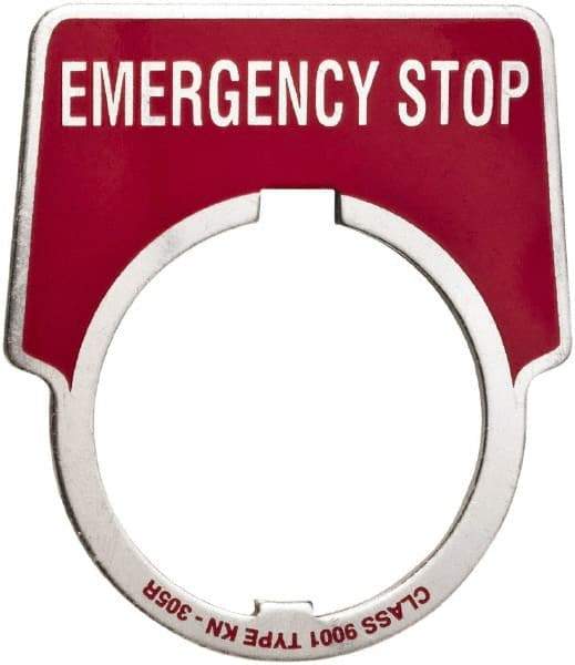 Schneider Electric - Aluminum Legend Plate - Emergency Stop - Black Background, 30mm Hole Diameter, 1-3/4 Inch Wide - Caliber Tooling