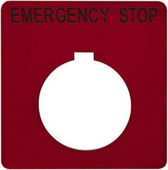 Schneider Electric - Square, Plastic Legend Plate - Emergency Stop - Red Background, Black Letters, 1.2 Inch Hole Diameter, 2-1/4 Inch Square - Caliber Tooling