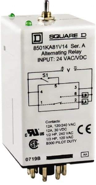 Square D - 11 Pins, 1/2 hp at 240 Volt & 1/3 hp at 120 Volt, Electromechanical Plug-in General Purpose Relay - 12 Amp at 240 VAC, DPDT, 240 VAC, 36mm Wide x 65mm High x 44mm Deep - Caliber Tooling