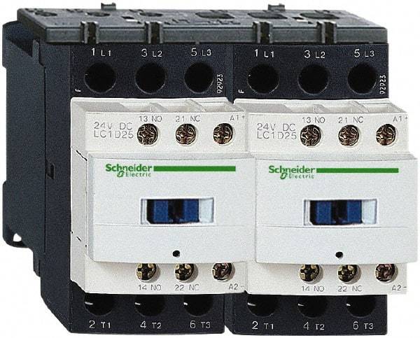 Schneider Electric - 3 Pole, 24 Coil VDC, 18 Amp at 440 VAC, Reversible IEC Contactor - 1 Phase hp: 1 at 115 VAC, 3 at 230/240 VAC, 3 Phase hp: 10 at 460/480 VAC, 15 at 575/600 VAC, 5 at 200/208 VAC, 5 at 230/240 VAC - Caliber Tooling