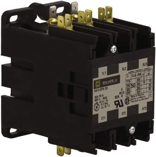 Square D - 3 Pole, 50 Amp Inductive Load, 277 Coil VAC at 60 Hz, Definite Purpose Contactor - Phase 1 and Phase 3 Hp:  10 at 230 VAC, 15 at 230 VAC, 3 at 115 VAC, 30 at 460 VAC, 30 at 575 VAC, 65 Amp Resistive Rating, CE, CSA, UL Listed - Caliber Tooling