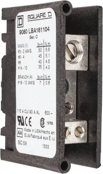 Square D - 1 Pole, 115 (Copper), 90 (Aluminium) Amp, Thermoplastic Power Distribution Block - 600 VAC, 1 Primary Connection - Caliber Tooling