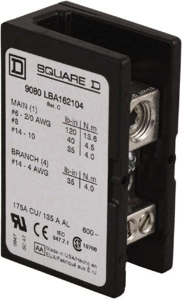 Square D - 1 Pole, 175 (Copper) Amp, Phenolic Power Distribution Block - 600 VAC, 1 Primary Connection - Caliber Tooling