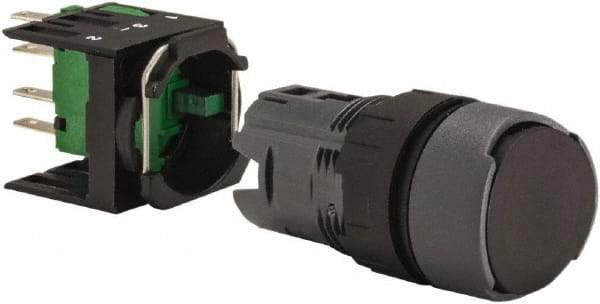 Schneider Electric - 16mm Mount Hole, Flush, Pushbutton Switch with Contact Block - Round, Black Pushbutton, Momentary (MO) - Caliber Tooling