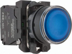 Schneider Electric - 22mm Mount Hole, Flush, Pushbutton Switch with Contact Block - Round, Blue Pushbutton, Illuminated, Momentary (MO) - Caliber Tooling