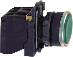 Schneider Electric - 22mm Mount Hole, Flush, Pushbutton Switch with Contact Block - Round, Green Pushbutton, Illuminated, Momentary (MO) - Caliber Tooling