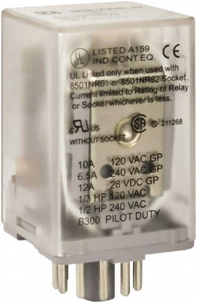 Square D - 1/2 hp at 240 Volt & 1/3 hp at 120 Volt, Octal Electromechanical Plug-in General Purpose Relay - 6.6 Amp at 240 VAC, 3PDT, 24 VAC at 50/60 Hz - Caliber Tooling